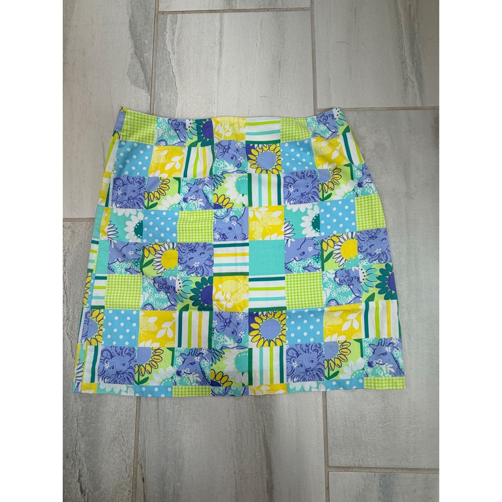 Vintage Lilly Pulitzer Blue Yellow Green Patchwork Sunflower Cotton Mini Skirt 8